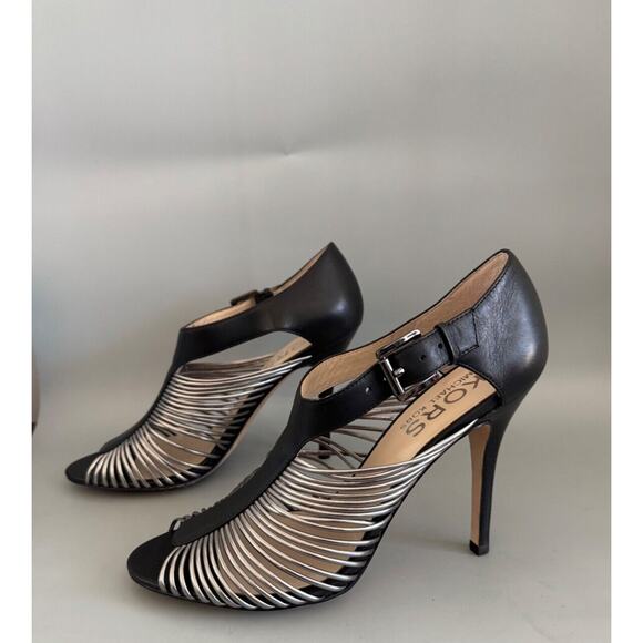 Michael Kors Leather Heels Peep Toe Strappy Metallic & Black Size 10 Gunmetal - Picture 1 of 7